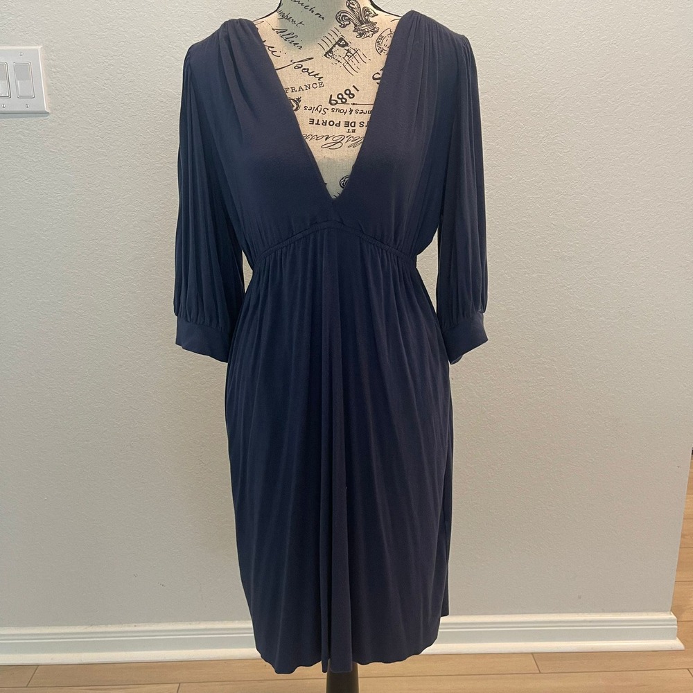 Fei Womens Blue 3/4 Sleeve‎ V-Neck Elastic Waist Casual Dress Size M Medium